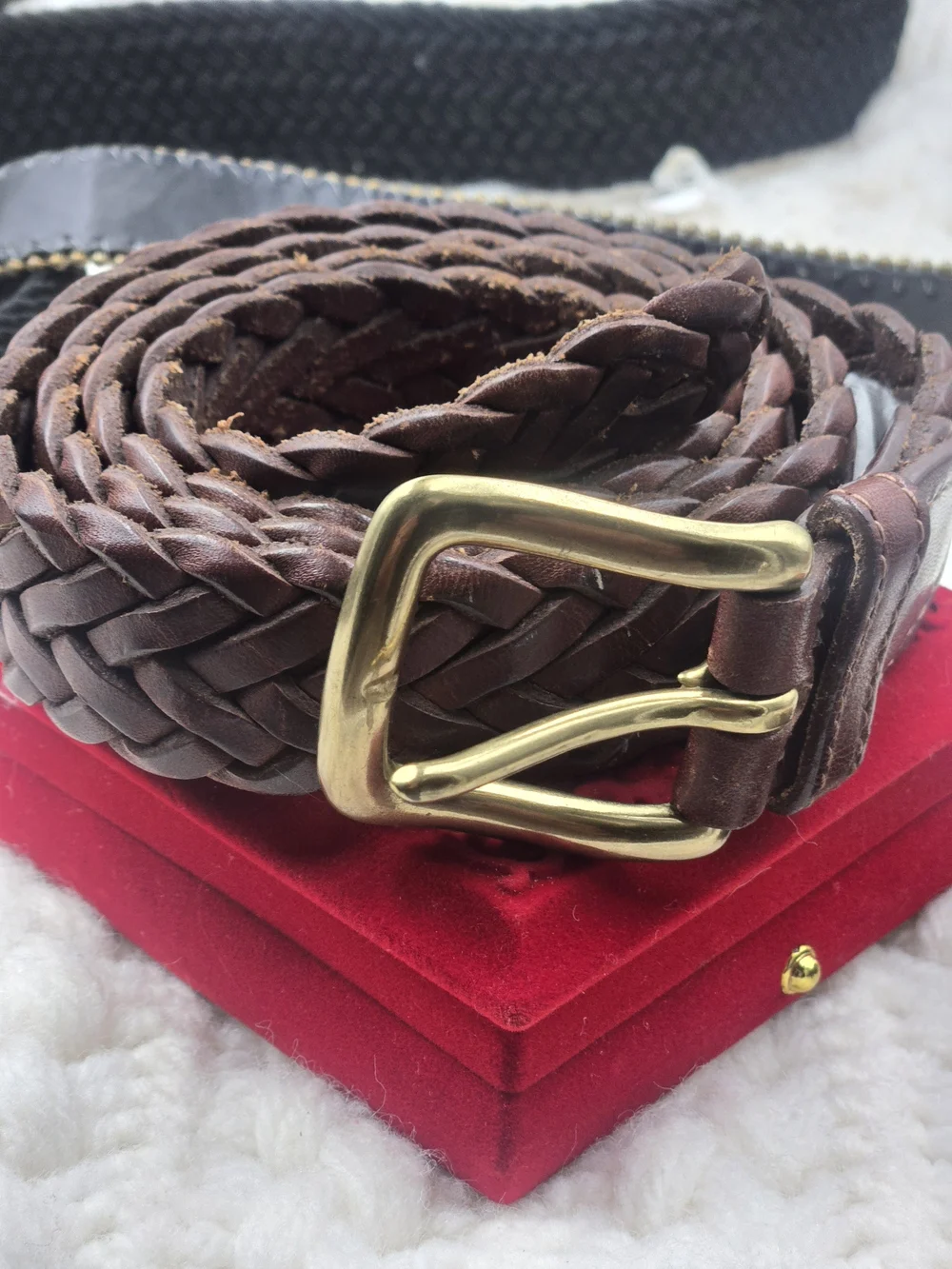 Braided Brown Leather Belt with Brass Buckle - Men